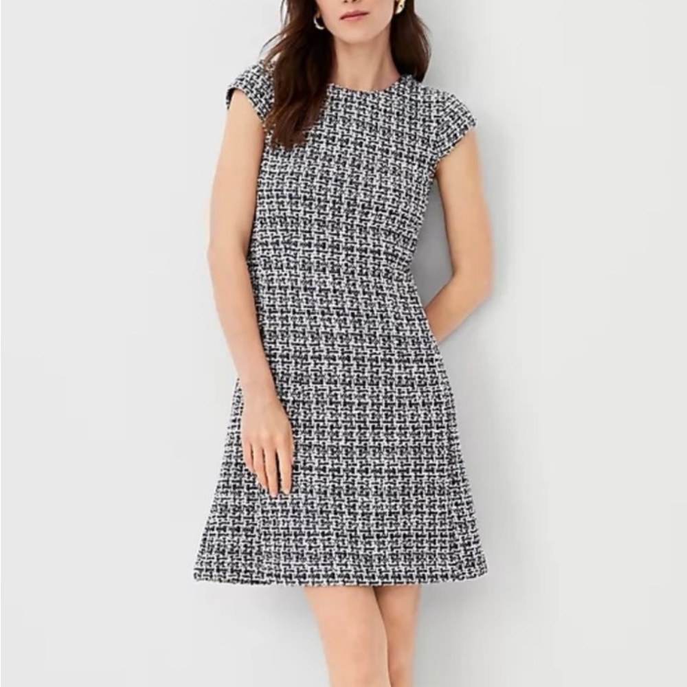 Ann Taylor Boucle Flare Dress in Navy and White - Size 12